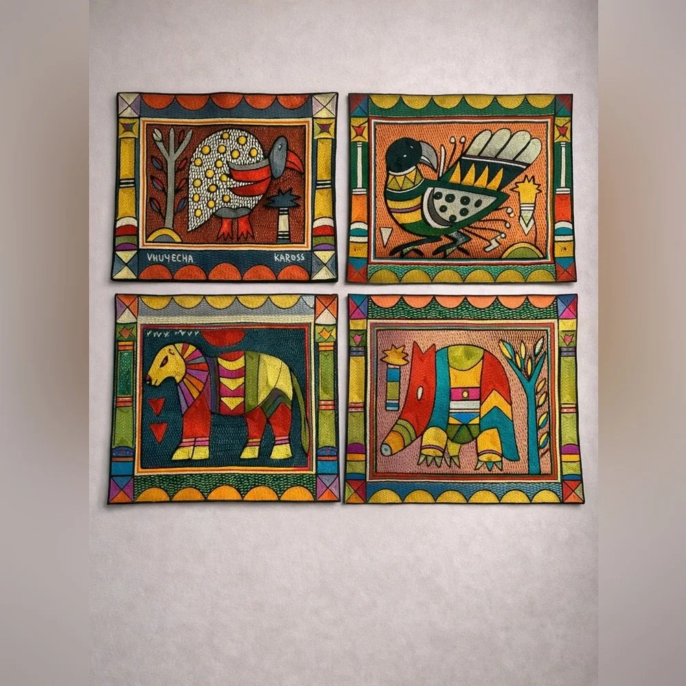 Kaross South Africa Hand Embroidered Textile Wall Art Set African Animal Boho